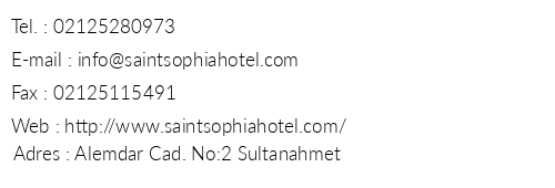 Saint Sophia Hotel telefon numaralar, faks, e-mail, posta adresi ve iletiim bilgileri
